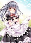  alternate_costume apron black_dress brown_eyes dress enmaided grey_hair kantai_collection kasumi_(kantai_collection) long_hair maid maid_apron maid_headdress nogi_takayoshi open_mouth petals puffy_sleeves remodel_(kantai_collection) short_sleeves side_ponytail silver_hair smile solo waist_apron 