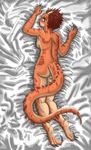  anthro argonian audrey bed_sheet bedding breasts butt claws dakimakura_design feathers hair horn invalid_tag looking_at_viewer lying on_front red_feathers red_hair red_scales scales scalie side_boob the_elder_scrolls toe_claws unknown_artist video_games 