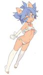  animal_ears antenna_hair armpits asymmetrical_clothes bare_shoulders blade_(galaxist) blue_eyes blue_hair breasts cat_ears collarbone copyright_request elbow_gloves fang full_body gloves looking_at_viewer messy_hair midriff navel panties paw_gloves paws ribbon side-tie_panties single_strap small_breasts solo standing stomach tareme thighhighs toeless_legwear toes underboob underwear white_gloves white_panties white_ribbon 