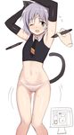  ;d animal_ears aqua_eyes armpits arms_up blush cat_ears cat_tail covered_nipples flat_chest glastonbury1966 grey_hair navel one_eye_closed open_mouth panties sanya_v_litvyak short_hair smile solo strike_witches stylus tail tickling underwear white_panties world_witches_series 