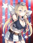  bad_id bad_pixiv_id belt blonde_hair blue_eyes breasts cleavage elbow_gloves garter_straps gloves hadron9 headgear highres iowa_(kantai_collection) kantai_collection large_breasts long_hair miniskirt skirt solo star star-shaped_pupils symbol-shaped_pupils 