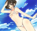  :d akiyama_yukari arm_at_side arm_up armpits bikini black_hair blue_sky blush body_blush breasts cleavage cloud collarbone covered_nipples day girls_und_panzer looking_at_viewer medium_breasts micro_bikini midriff navel open_mouth outdoors red_eyes rikosyegou salute short_hair sky smile solo stomach swimsuit tareme white_bikini 