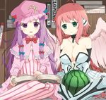  angel_wings artist_name bare_shoulders blush book bookshelf breasts capelet chain cleavage cleavage_cutout collar crescent crossover dress food fruit green_eyes hair_ribbon hat ikaros l4no large_breasts long_hair long_sleeves looking_down low_twintails mob_cap multiple_girls open_book open_mouth patchouli_knowledge pink_hair purple_eyes purple_hair reading ribbon robot_ears sitting smile sora_no_otoshimono striped striped_dress touhou tress_ribbon twintails watermelon wings 