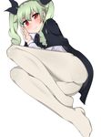  1girl anchovy artist_request ass blush cape drill_hair girls_und_panzer green_hair hair_ribbon inga_ringo long_hair looking_at_viewer lying on_side pantyhose red_eyes ribbon skirt smile solo twin_drills twintails white_legwear 