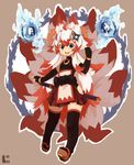  :d ahoge animal_ears armlet bare_hips bare_shoulders black_gloves black_legwear blue_eyes blue_fire elbow_gloves fang fire fox_ears fox_girl fox_tail full_body geta gloves hair_ornament highres hip_vent jewelry katana long_hair looking_at_viewer multicolored_hair multiple_tails open_mouth original outline pendant red_hair rope sheath sheathed shimenawa shuriken shuriken_hair_ornament simple_background skirt smile solo standing sword tail teeth thighhighs two-tone_hair very_long_hair weapon white_hair zettai_ryouiki zizi_niisan 
