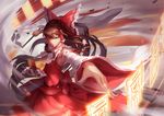  bow brown_eyes brown_hair codec007 detached_sleeves dress gohei hair_bow hair_tubes hakurei_reimu highres long_hair long_sleeves looking_at_viewer nontraditional_miko outstretched_arms red_dress revision sash solo spell_card touhou wide_sleeves 