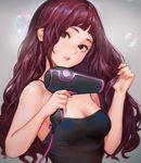 bangs big_hair blush breasts bubble cable camisole cleavage danann drying drying_hair grey_background hair_dryer head_tilt holding holding_hair large_breasts lips long_hair looking_at_viewer looking_away looking_to_the_side original parted_lips solo upper_body wavy_hair 