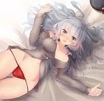  :o areola_slip areolae ass_visible_through_thighs bare_shoulders beret black_hat blue_eyes blush breasts breasts_apart cameltoe collarbone eyebrows eyebrows_visible_through_hair grey_eyes grey_shirt groin hat hat_removed headwear_removed highres kantai_collection kashima_(kantai_collection) large_breasts long_hair long_sleeves lowleg lowleg_panties lying midriff navel nose_blush off_shoulder on_back open_mouth panties red_panties shirt solo stomach tebi_(tbd11) underwear 