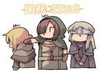  anastacia_of_astora bad_id bad_twitter_id blindfold blonde_hair brown_hair chibi clothes_grab commentary_request copyright_name dark_souls dark_souls_ii dark_souls_iii emerald_herald fire_keeper gloves hair_over_one_eye hood hood_down kakuzatou_(koruneriusu) long_hair multiple_girls short_hair smile souls_(from_software) sweatdrop translated 