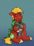  2015 big_macintosh_(mlp) blonde_hair cutie_mark equine female freckles friendship_is_magic hair horse hug male mammal my_little_pony plushie pony scarf sitting smarty_pnats_(mlp) snow snowing solo sophiecabra 