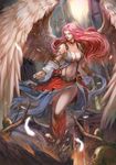  angel angel_wings aurora_rokudo bare_shoulders bowed_wings breasts cleavage closed_eyes corpse dress feathered_wings feathers full_body gloves highres large_breasts large_wings light_rays long_hair navel original outstretched_arm outstretched_hand parted_lips pink_hair shingoku_no_valhalla_gate solo_focus thighs very_long_hair white_wings wings zombie 