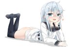  :d absurdres ass belt black_legwear blue_eyes blush bottomless chin_rest eyebrows eyebrows_visible_through_hair feet_up full_body hair_between_eyes hand_on_own_cheek heart hibiki_(kantai_collection) highres kantai_collection long_hair long_sleeves looking_at_viewer lying moyoron on_stomach open_mouth shirt silver_hair smile solo thighhighs tsurime verniy_(kantai_collection) white_shirt 