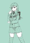  ascot bangs breasts closed_mouth commentary_request green hair_ornament hairclip hand_on_own_elbow hand_on_own_face heart kantai_collection kouji_(campus_life) large_breasts long_hair long_sleeves monochrome pleated_skirt school_uniform sketch skirt smile solo suzuya_(kantai_collection) thighhighs zettai_ryouiki 