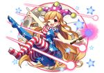  american_flag_dress american_flag_legwear blonde_hair blush clownpiece commentary_request danmaku dress earrings fairy_wings full_body full_moon hat jester_cap jewelry laser long_hair masaru.jp moon neck_ruff one_eye_closed open_mouth outstretched_arm pantyhose pointing pointing_up print_legwear red_eyes short_dress short_sleeves smile solo star striped striped_legwear touhou very_long_hair white_background wings 
