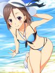  bikini breasts brown_eyes brown_hair haruichi hat idolmaster idolmaster_cinderella_girls medium_breasts mizuki_seira navel short_hair smile solo swimsuit 