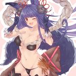  ;d \m/ animal_ears bare_shoulders bell breasts double_\m/ erune eyebrows eyebrows_visible_through_hair fang fox_ears fox_shadow_puppet fox_tail fur granblue_fantasy hair_bell hair_ornament highres huge_breasts long_hair looking_at_viewer minikon one_eye_closed open_mouth purple_hair red_eyes smile solo tail thighhighs yuel_(granblue_fantasy) 