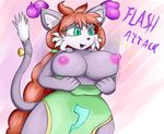  anthro big_breasts breasts cactuscacti cat clothed clothing cyan_eyes english_text feline female flashing hair mammal nipples red_hair simple_background solo text 