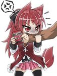  1girl angry animal_ears arm bite cat_ears cat_tail greenteaneko mahou_shoujo_madoka_magica pocky red_eyes red_hair sakura_kyouko skirt tail 