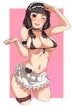  ;d apron areola_slip areolae arm_garter arm_up armpits bangs bikini black_bikini blunt_bangs blush border breasts brown_eyes brown_hair buckle choker cleavage collarbone cropped_legs frilled_apron frills granado_espada hair_ribbon heart highres large_breasts looking_at_viewer low_twintails maid_headdress marie_(granado_espada) micro_bikini one_eye_closed open_mouth outside_border penguin_caee pink_background pink_ribbon ribbon salute shiny shiny_skin short_hair simple_background smile solo swimsuit thigh_strap twintails waist_apron white_border 