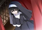  black_eyes black_hair blank_eyes curtains dutch_angle from_above habit hammer_(sunset_beach) indoors long_sleeves looking_at_viewer monogatari_(series) nun oshino_ougi owarimonogatari robe short_hair sleeves_past_wrists smile solo veil 