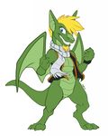  2015 anthro blonde_hair blue_eyes bottomless clothed clothing dragon facial_hair goatee green_scales hair kayla-na looking_at_viewer luketh male membranous_wings scales scalie scarf simple_background solo standing vest white_background wings 