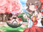  :d ahoge ascot blue_sky blush_stickers brown_eyes brown_hair cherry_blossoms choko_(cup) cup day detached_sleeves floating glint grass hair_ribbon hair_tubes hakurei_reimu hanami hill in_bowl in_container japanese_clothes kikurage_(sugi222) kimono lavender_hair levitation looking_up minigirl multiple_girls needle open_mouth petals ribbon ribbon-trimmed_sleeves ribbon_trim skirt skirt_set sky smile sukuna_shinmyoumaru touhou tree 