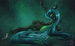  2016 bedroom_eyes butt changeling female feral friendship_is_magic green_background green_eyes green_hair hair half-closed_eyes horn light262 looking_at_viewer looking_back lying membranous_wings my_little_pony on_side queen_chrysalis_(mlp) seductive simple_background slit_pupils smile solo wings 