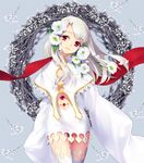  dress_of_heaven fate/stay_night fate_(series) flower hair_flower hair_ornament illyasviel_von_einzbern long_hair long_sleeves looking_at_viewer red_eyes sleeves_past_wrists smile solo thighhighs very_long_sleeves white_legwear yeruen zettai_ryouiki 