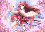  brown_eyes brown_hair cherry_blossoms detached_sleeves floral_print frills full_body hair_ornament hair_ribbon hair_stick hair_tubes hakurei_reimu japanese_clothes jumping katana long_hair long_sleeves looking_at_viewer miko obi ofuda outstretched_arm petals ribbon sandals sash shainingu_ikura shirt skirt skirt_set smile socks solo sword tongue tongue_out torii touhou weapon white_legwear wide_sleeves 