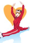  :d arms_up ass blonde_hair blurry blush_stickers depth_of_field heart jacket kumamon long_sleeves looking_at_viewer open_mouth original pants pose red_eyes red_jacket red_pants round_teeth short_hair smile solo split spread_legs teeth track_suit ueyama_michirou 