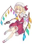  ascot bare_legs blonde_hair bobby_socks bow buckle closed_mouth collar collarbone crystal demon_wings flandre_scarlet frilled_hat frilled_legwear frilled_shirt_collar frilled_skirt frilled_sleeves frills full_body hair_between_eyes hat hat_ribbon highres holding holding_weapon mary_janes mob_cap monobe_tsukuri pink_footwear polearm rainbow_order red_eyes red_ribbon red_skirt red_vest ribbon shirt shoes short_hair side_ponytail simple_background skirt smile socks solo spear tareme touhou vest weapon white_background white_bow white_legwear white_shirt wings 