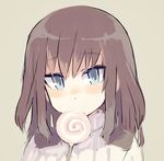  bad_id bad_twitter_id blue_eyes brown_hair candy elizabeth_f_beurling food lollipop long_hair looking_at_viewer ohashi_(hashidate) ribbed_sweater solo sweater swirl_lollipop turtleneck upper_body world_witches_series younger 