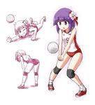  ass bent_over buruma flower hair_flower hair_ornament hieda_no_akyuu knee_pads kousei_(public_planet) one_eye_closed open_mouth purple_eyes purple_hair shirt sleeveless sleeveless_shirt solo sportswear sweat touhou v_arms volleyball volleyball_uniform 
