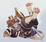  anthro anthrofied barefoot clothing crown digitigrade feline keyblade kingdom_hearts leaning_on_elbow lion lion_sora looking_at_viewer lying male mammal melee_weapon on_back pawpads pendant pinup pose shorts solo square_enix uzucake video_games weapon young 