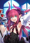  arm_up armpits blue_eyes blush breasts detached_sleeves elizabeth_bathory_(fate) elizabeth_bathory_(fate)_(all) fangs fate/extra fate/extra_ccc fate_(series) horns kazuma_muramasa long_hair looking_at_viewer open_mouth pink_hair pointy_ears small_breasts solo 