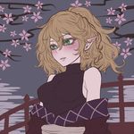  bare_shoulders blonde_hair blush cherry_blossoms flat_color green_eyes looking_away miata_(miata8674) mizuhashi_parsee off_shoulder parted_lips pointy_ears ponytail shirt short_hair sleeveless solo texture touhou turtleneck upper_body 