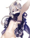  blue_eyes blush bottomless braid goroo granblue_fantasy long_hair male_focus noa_(granblue_fantasy) out-of-frame_censoring out_of_frame pale_skin shirt_lift silver_hair solo_focus 