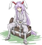  alternate_costume animal_ears bad_id bad_twitter_id bunny_ears forbidden_scrollery full_body japanese_clothes kan_(aaaaari35) long_hair looking_at_viewer one_eye_closed purple_hair red_eyes reisen_udongein_inaba simple_background smile solo touhou very_long_hair white_background 