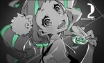  candy close-up copyright_name food kiznaiver lollipop looking_at_viewer monochrome multicolored_hair niiyama_nico number smile solo spot_color streaked_hair twintails v yoneyama_mai 