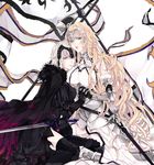  9tsumura :o armor armored_boots armored_dress bangs black_cape black_dress black_gloves black_legwear blonde_hair blue_eyes boots breasts cape chain closed_mouth dress eyebrows eyebrows_visible_through_hair fate/apocrypha fate/grand_order fate_(series) flag fur_trim garter_straps gloves hair_down head_to_head headpiece highres holding holding_sword holding_weapon interlocked_fingers jeanne_d'arc_(alter)_(fate) jeanne_d'arc_(fate) jeanne_d'arc_(fate)_(all) kneeling large_breasts long_hair looking_at_viewer multiple_girls pauldrons silver_hair sword thighhighs unsheathed wavy_hair weapon white_background white_dress white_hair 