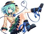  akashio_(loli_ace) blue_eyes boots bow commentary_request eyeball full_body green_hair hat hat_ribbon heart heart_of_string knees_up komeiji_koishi long_sleeves looking_at_viewer ribbon short_hair skirt smile solo third_eye touhou white_background wide_sleeves 