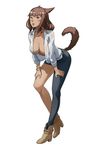  animal_ears asymmetrical_clothes breasts brown_hair cat_ears cat_tail cleavage dark_skin facial_mark final_fantasy final_fantasy_xiv highres imdsound looking_at_viewer miqo&#039;te miqo'te open_clothes open_shirt red_eyes shirt short_hair simple_background single_pantsleg solo tail whisker_markings 