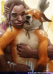  anhes anthro canine collar eyes_closed fox hug human human_on_anthro interspecies looking_pleasured male male/male mammal nipple_pinch open_mouth suggestive tribal tribal_paint 
