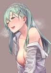  absurdres aqua_eyes aqua_hair baffu blush breasts cleavage hair_ornament hairclip half-closed_eyes heavy_breathing highres implied_masturbation kantai_collection large_breasts long_hair off_shoulder open_clothes open_mouth open_shirt shirt solo suzuya_(kantai_collection) sweat white_shirt 