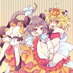  animal_ears blonde_hair capelet fang frills grey_hair hair_ornament jewelry kemonomimi_mode long_sleeves looking_at_viewer mouse_ears mouse_tail multiple_girls nazrin necklace open_mouth orange_eyes pants red_eyes ribbon shoes short_hair smile striped striped_background tail tail_ribbon tiger_ears tomobe_kinuko toramaru_shou touhou wide_sleeves 