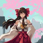  1girl bow breasts brown_hair closed_eyes detached_sleeves eyes_closed hair_bow hair_tubes hakurei_reimu hands_on_hips hannah_santos highres japanese_clothes lips long_hair miko nose red_bow solo touhou wide_sleeves 