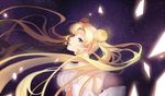  akl bare_shoulders bishoujo_senshi_sailor_moon blonde_hair blue_eyes commentary_request crescent double_bun dress earrings facial_mark forehead_mark hair_ornament jewelry long_hair princess_serenity sky solo star_(sky) starry_sky strapless strapless_dress tsukino_usagi twintails white_dress 