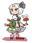  2016 artist_name ascot bangs bloomers blush_stickers dated dress flower frown full_body green_dress hair_ribbon holding holding_weapon hounori konpaku_youmu parted_bangs puffy_short_sleeves puffy_sleeves red_footwear ribbon sheath sheathed shoes short_hair short_sleeves simple_background solo sword touhou twitter_username underwear weapon white_background white_hair 