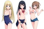  black_hair blonde_hair blush bra bra_pull breasts breasts_outside brown_hair cleavage covered_navel groin hime_cut kimagure_blue large_breasts long_hair looking_at_viewer multiple_girls navel neck_ribbon nipples old_school_swimsuit one-piece_swimsuit one_side_up open_mouth original panties parted_lips pleated_skirt purple_eyes red_eyes ribbon school_swimsuit shorts simple_background skirt skirt_lift small_breasts smile strip_hair sweatdrop swimsuit swimsuit_pull topless underwear white_background white_bra white_panties 
