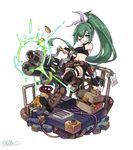  &gt;_&lt; :d absurdres black_legwear character_request closed_eyes firing full_body gears green_eyes green_hair gun highres kneehighs kyouki_no_kimi looking_at_viewer merc_storia open_mouth ponytail shorts simple_background smile solo thigh_strap touhou weapon white_background wince xd 
